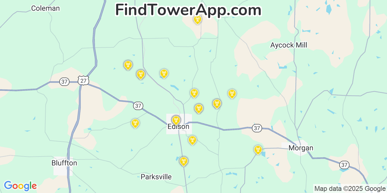 Map showing the 20 primary Mobitel cell tower locations detected in Edison, Georgia with coverage radius and signal strength indicators