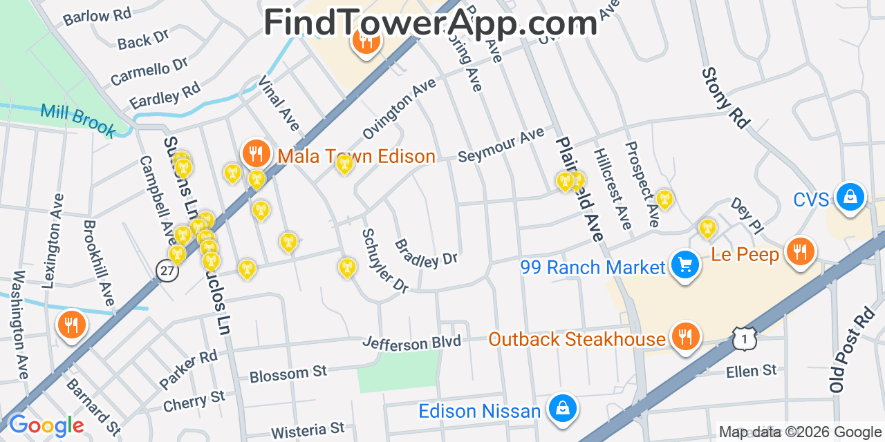 Map showing the 20 primary cell tower locations detected in Edison, New Jersey from AT&T, Verizon, and T-Mobile networks