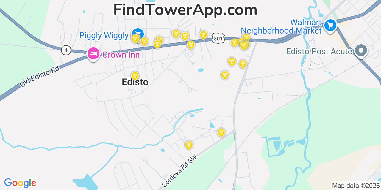 Map showing the 20 primary cell tower locations detected in Edisto, South Carolina from AT&T, Verizon, and T-Mobile networks