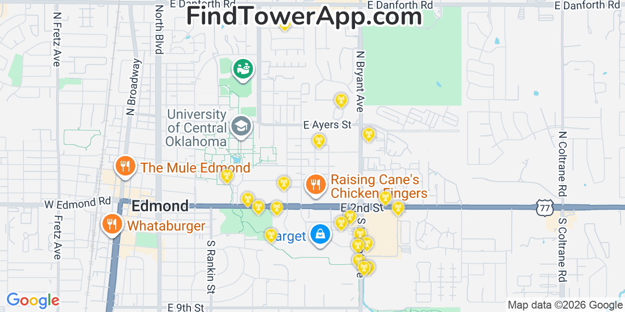 Map showing the 20 primary cell tower locations detected in Edmond, Oklahoma from AT&T, Verizon, and T-Mobile networks