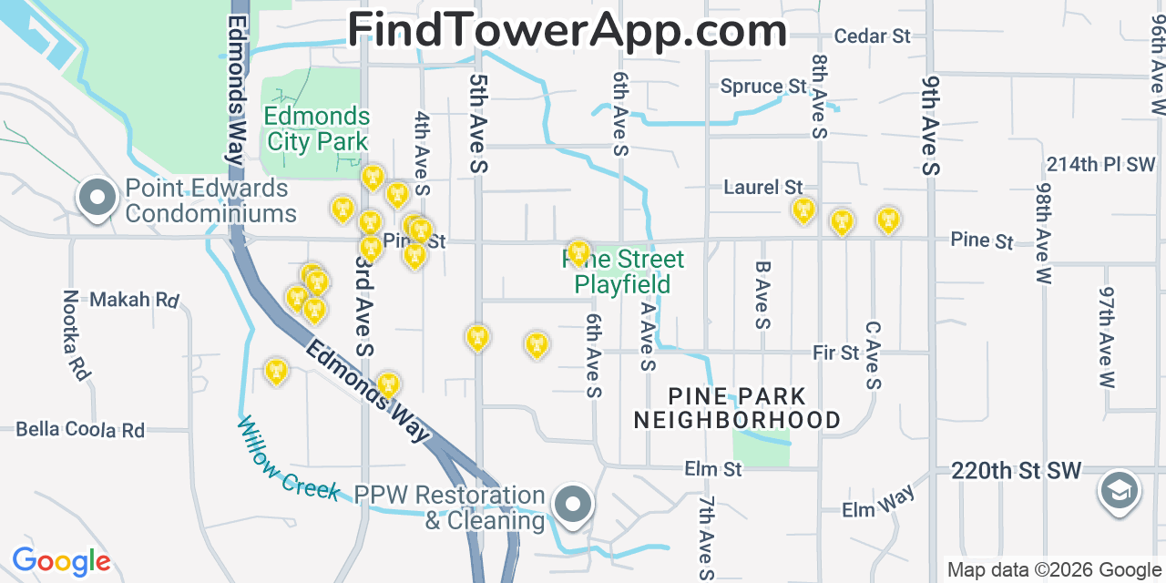 Map showing the 20 primary cell tower locations detected in Edmonds, Washington from AT&T, Verizon, and T-Mobile networks