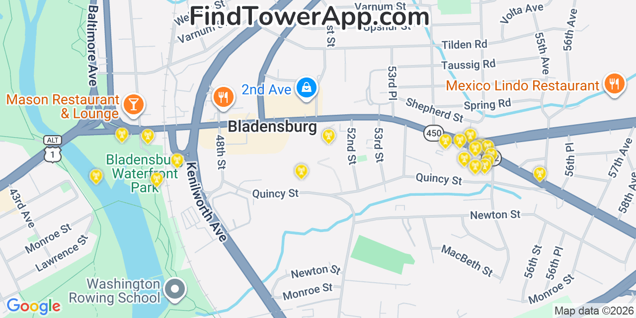 Map showing the 20 primary cell tower locations detected in Edmonston, Maryland from AT&T, Verizon, and T-Mobile networks