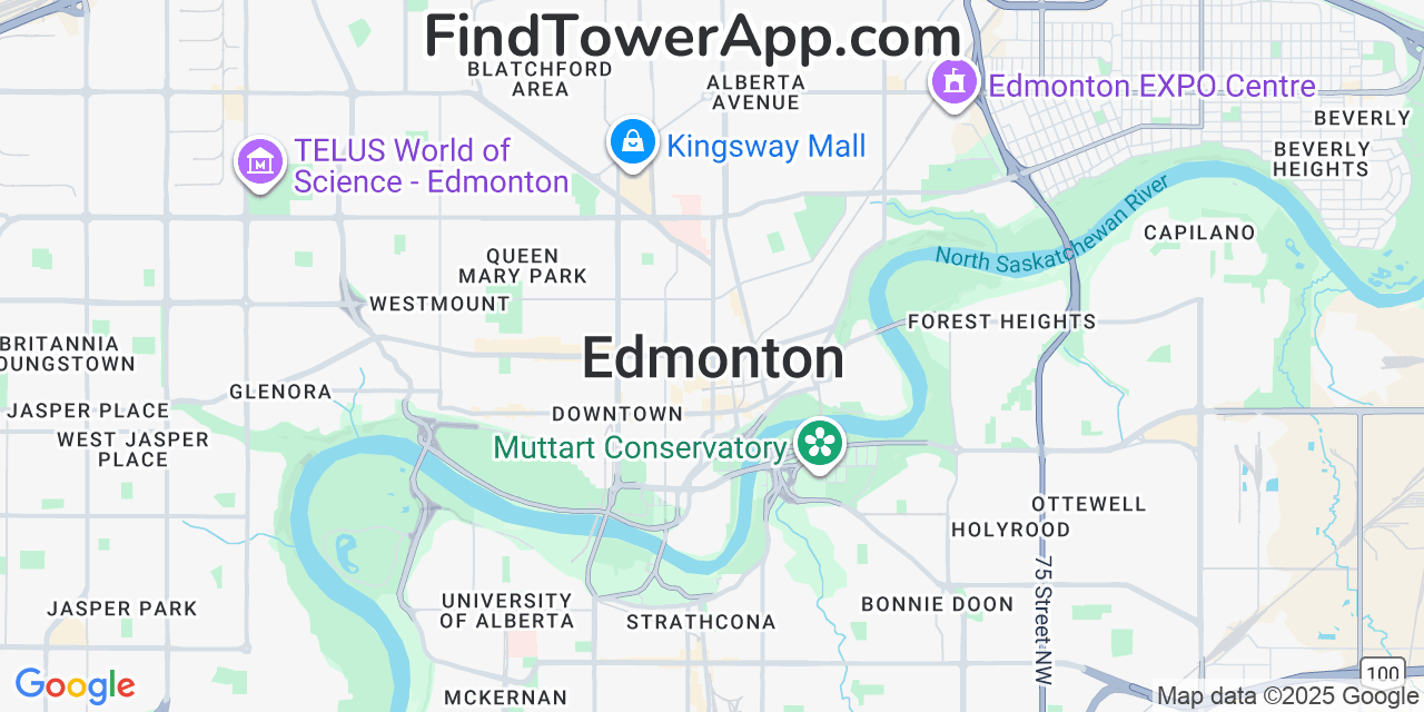 Map showing the 0 primary Bell-MTS cell tower locations detected in Edmonton, Canada with coverage radius and signal strength indicators