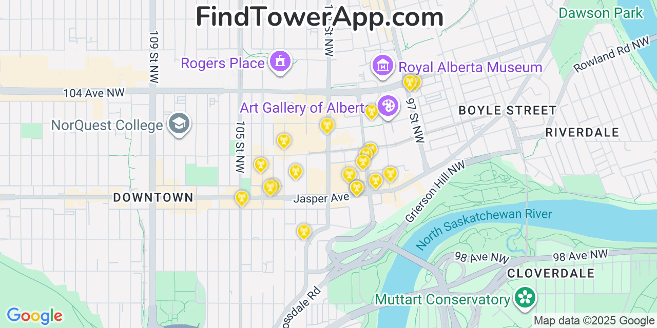 Map showing the 20 primary cell tower locations detected in Edmonton, Canada with coverage areas and signal strength