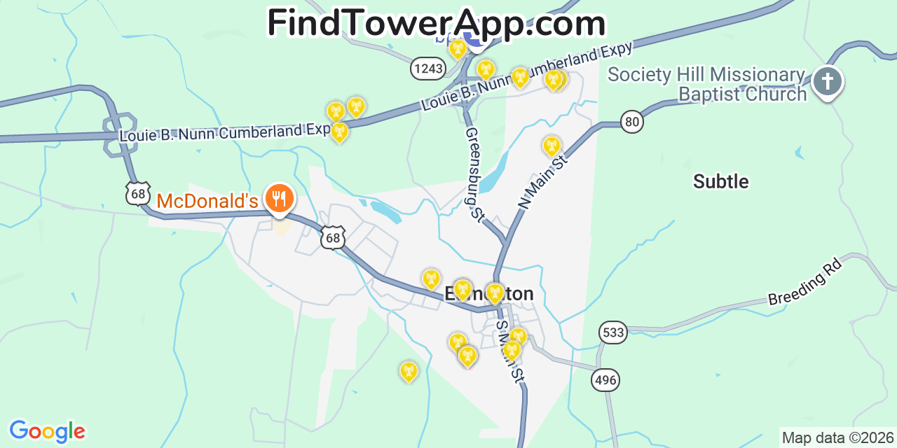 Map showing the 20 primary cell tower locations detected in Edmonton, Kentucky from AT&T, Verizon, and T-Mobile networks