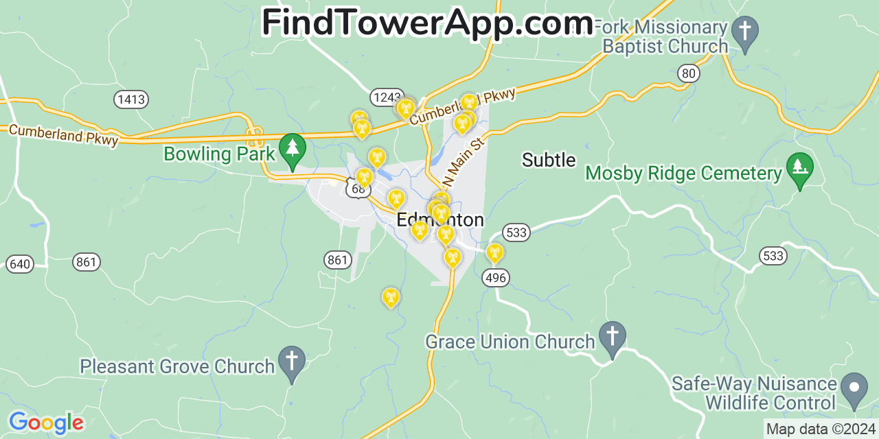 Verizon 4G/5G cell tower coverage map Edmonton, Kentucky