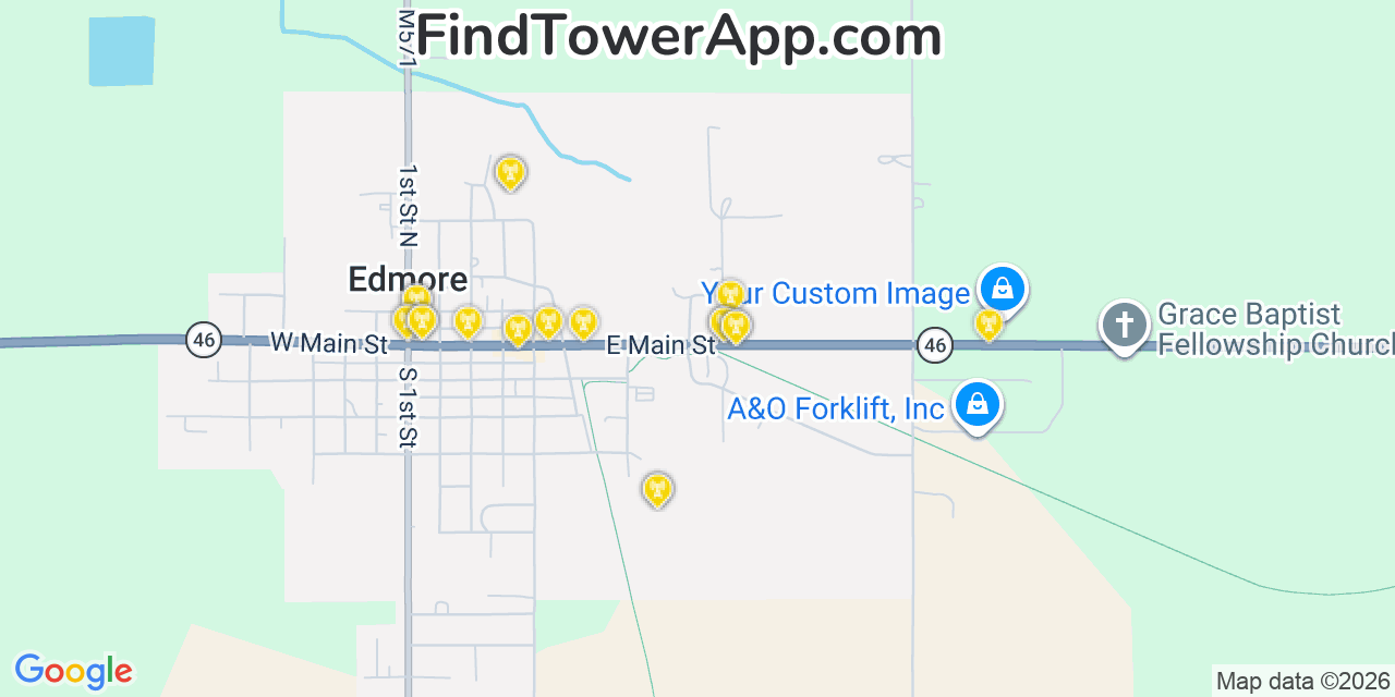 Map showing the 20 primary cell tower locations detected in Edmore, Michigan from AT&T, Verizon, and T-Mobile networks