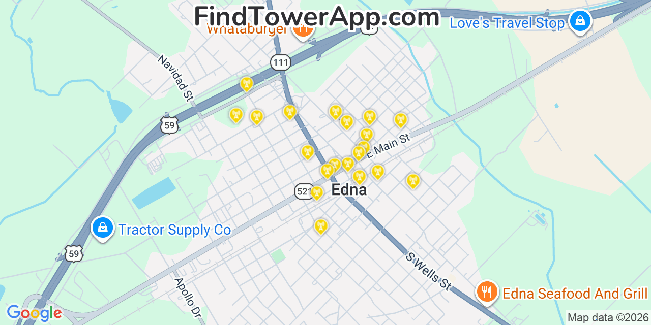 Map showing the 20 primary cell tower locations detected in Edna, Texas from AT&T, Verizon, and T-Mobile networks