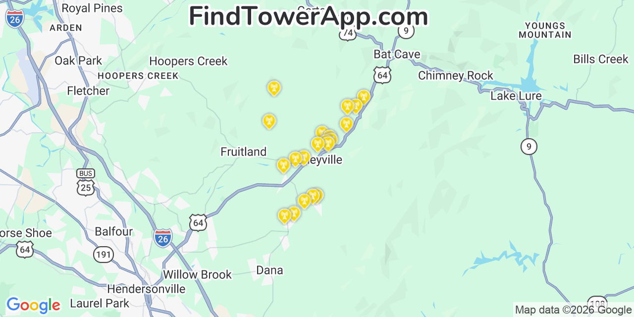 Map showing the 20 primary cell tower locations detected in Edneyville, North Carolina from AT&T, Verizon, and T-Mobile networks