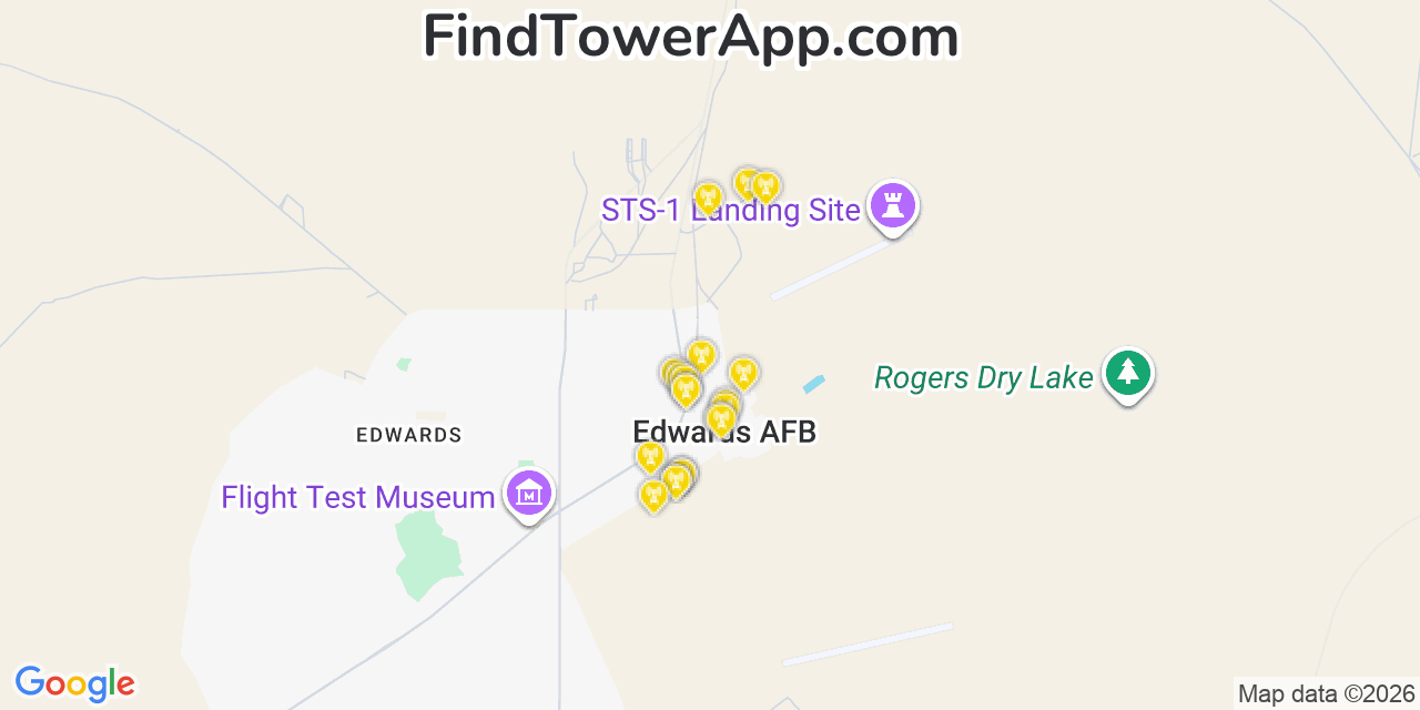 Map showing the 20 primary cell tower locations detected in Edwards Air Force Base, California from AT&T, Verizon, and T-Mobile networks