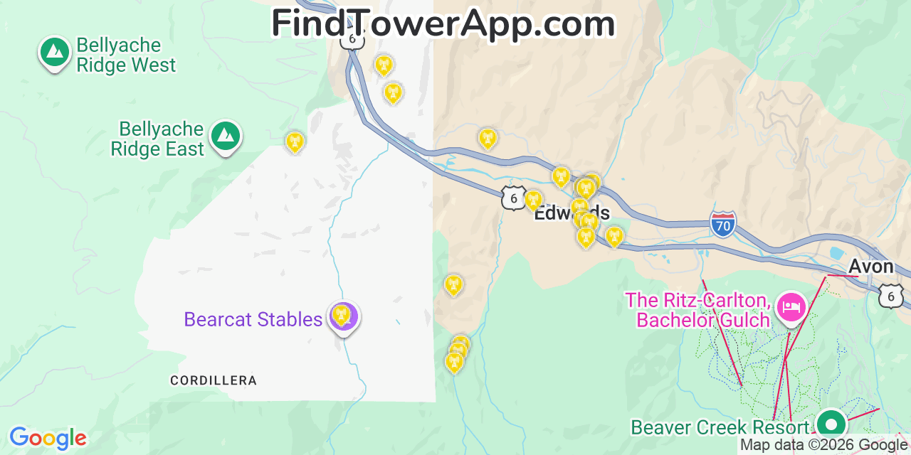 Map showing the 20 primary cell tower locations detected in Edwards, Colorado from AT&T, Verizon, and T-Mobile networks
