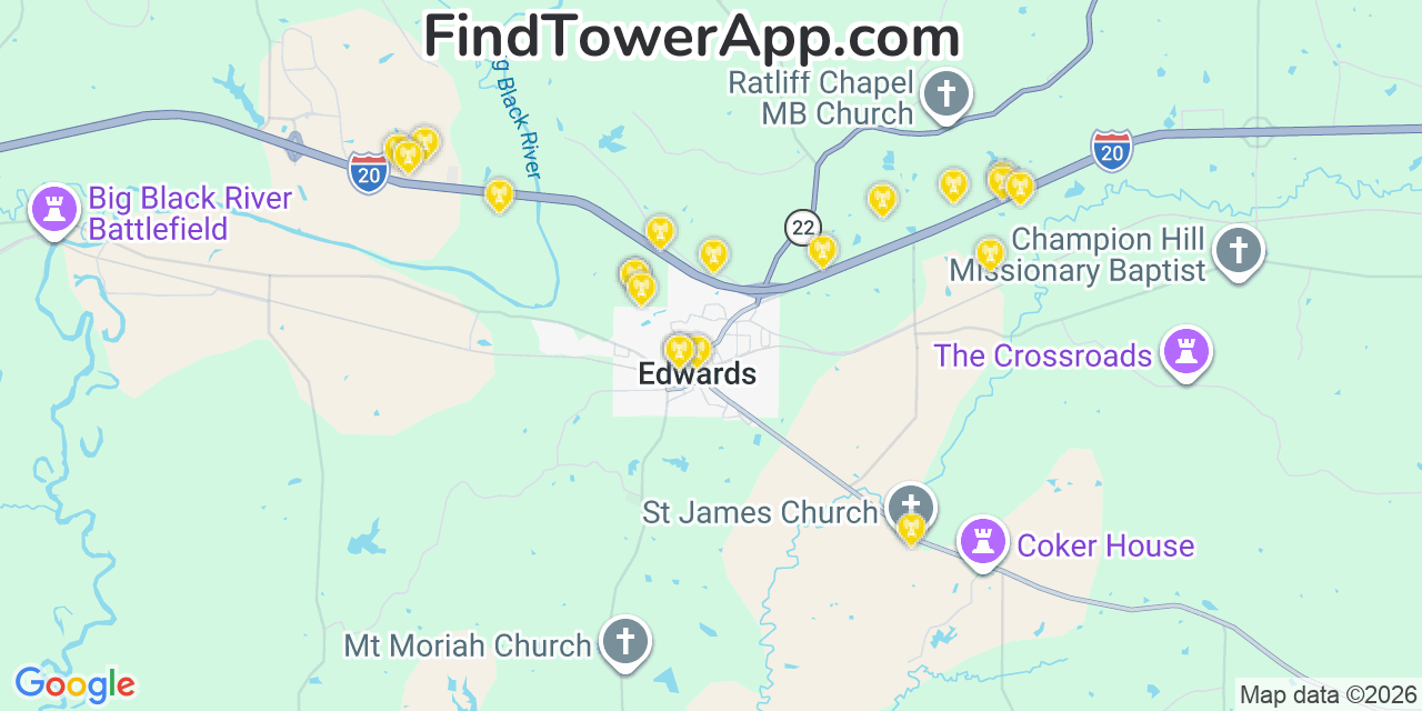Map showing the 20 primary cell tower locations detected in Edwards, Mississippi from AT&T, Verizon, and T-Mobile networks