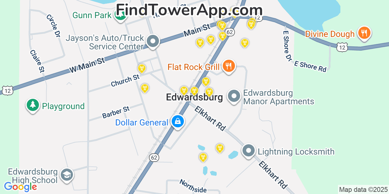 Map showing the 20 primary cell tower locations detected in Edwardsburg, Michigan from AT&T, Verizon, and T-Mobile networks