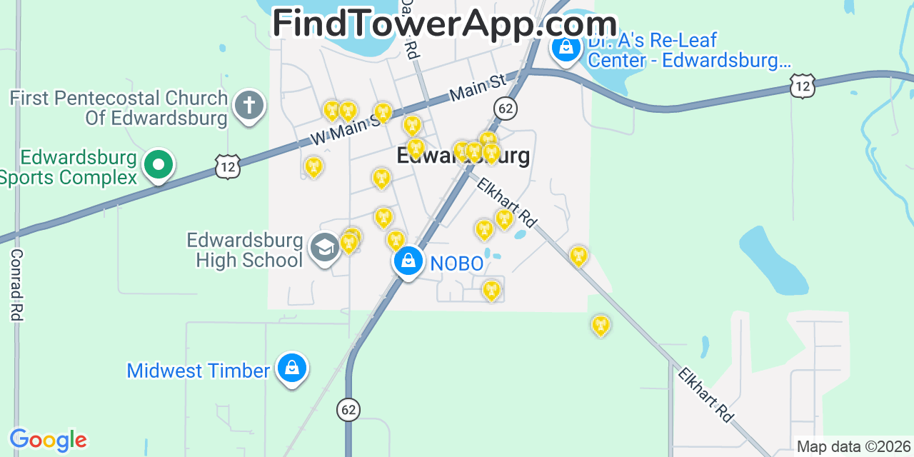 Map showing the 20 primary cell tower locations detected in Edwardsburg, Michigan from AT&T, Verizon, and T-Mobile networks