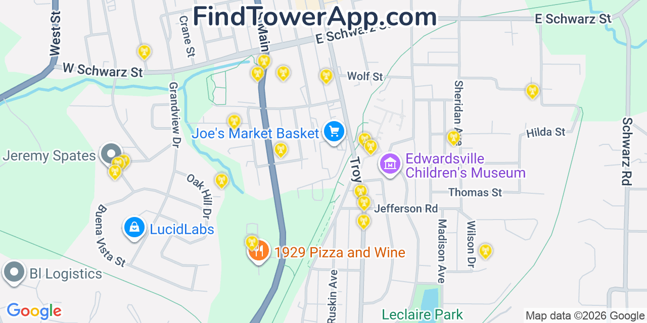 Map showing the 20 primary cell tower locations detected in Edwardsville, Illinois from AT&T, Verizon, and T-Mobile networks