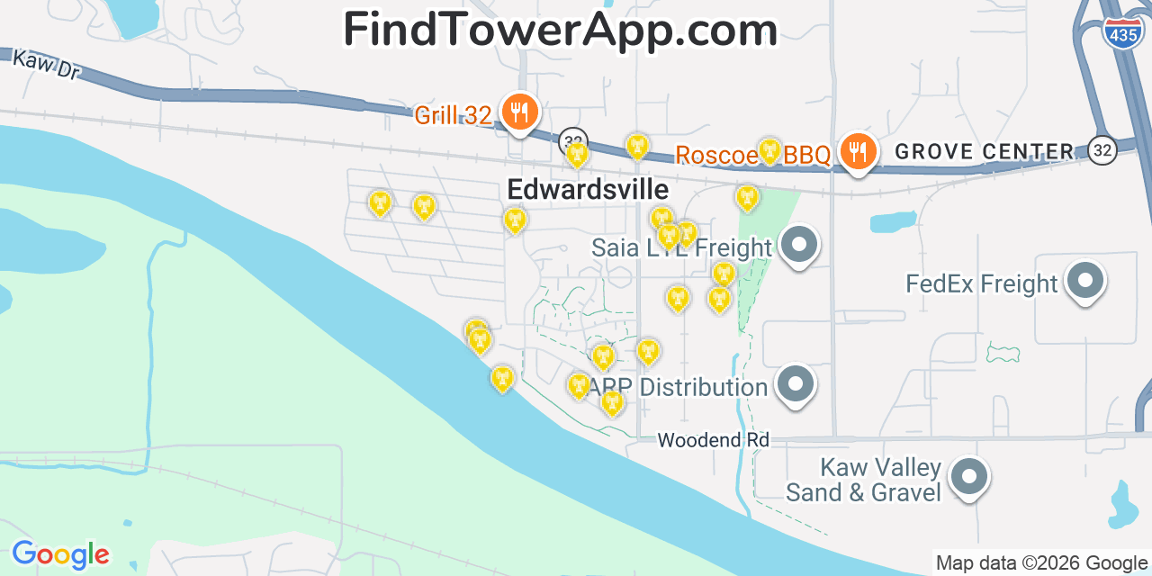 Map showing the 20 primary cell tower locations detected in Edwardsville, Kansas from AT&T, Verizon, and T-Mobile networks