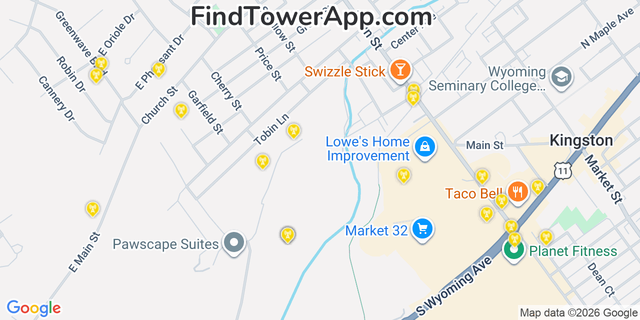 Map showing the 20 primary cell tower locations detected in Edwardsville, Pennsylvania from AT&T, Verizon, and T-Mobile networks