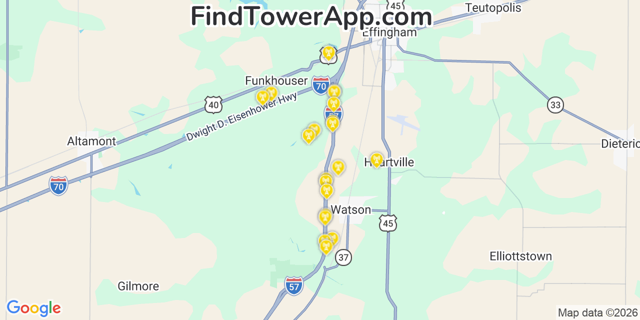 Map showing the 20 primary cell tower locations detected in Effingham, Illinois from AT&T, Verizon, and T-Mobile networks