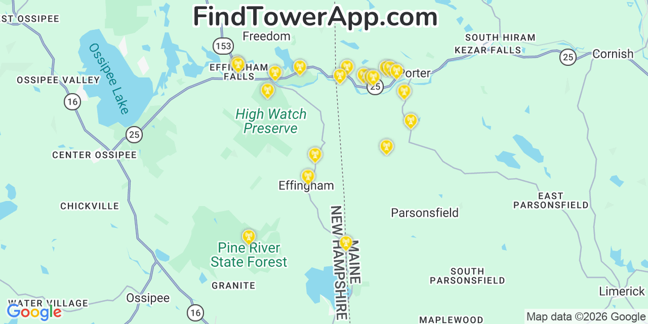Map showing the 20 primary cell tower locations detected in Effingham, New Hampshire from AT&T, Verizon, and T-Mobile networks