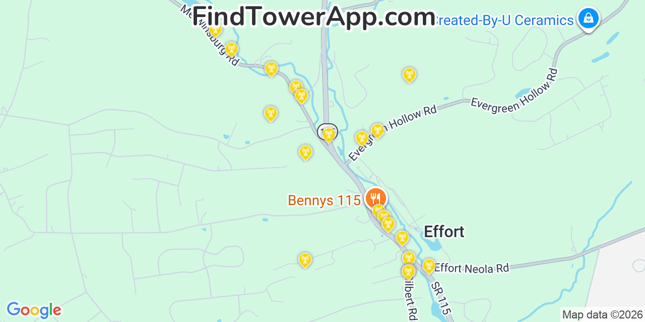 Map showing the 20 primary cell tower locations detected in Effort, Pennsylvania from AT&T, Verizon, and T-Mobile networks
