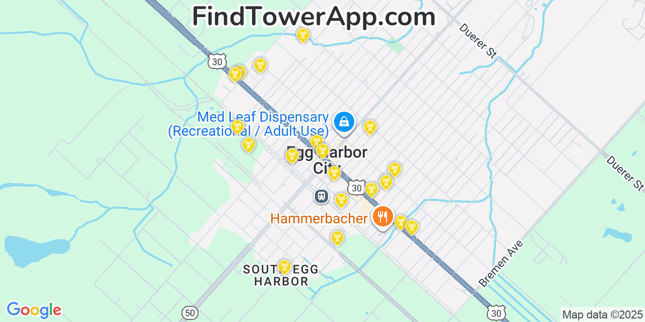 Map showing the 20 primary cell tower locations detected in Egg Harbor City, New Jersey from AT&T, Verizon, and T-Mobile networks