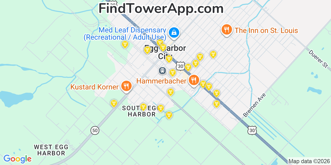 Map showing the 20 primary cell tower locations detected in Egg Harbor City, New Jersey from AT&T, Verizon, and T-Mobile networks