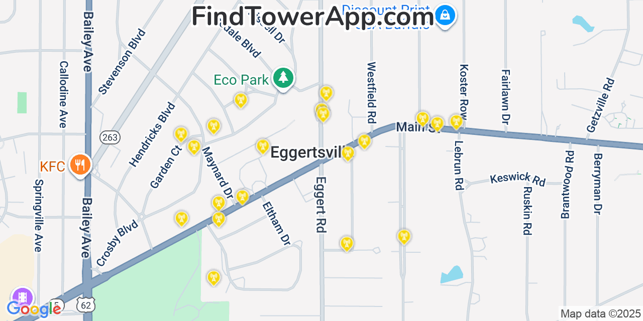Map showing the 20 primary cell tower locations detected in Eggertsville, New York from AT&T, Verizon, and T-Mobile networks