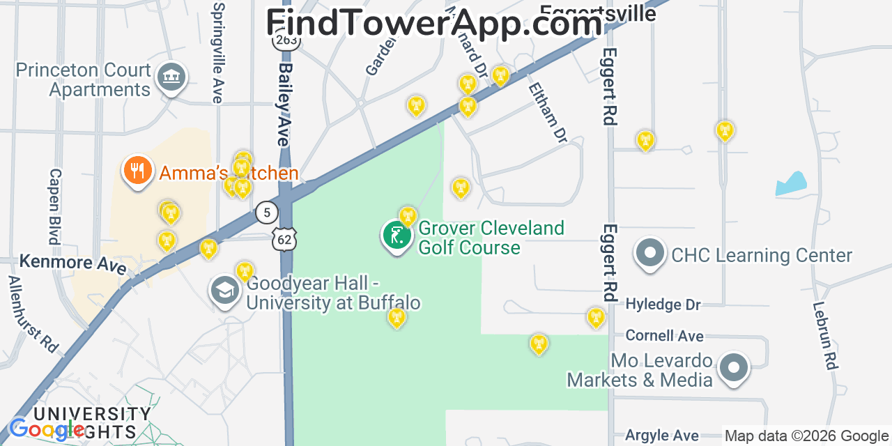 Map showing the 20 primary cell tower locations detected in Eggertsville, New York from AT&T, Verizon, and T-Mobile networks