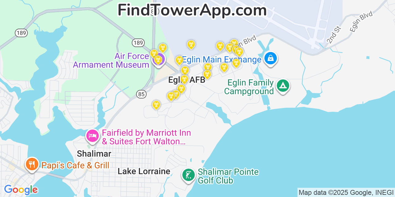 Map showing the 20 primary cell tower locations detected in Eglin Air Force Base, Florida from AT&T, Verizon, and T-Mobile networks