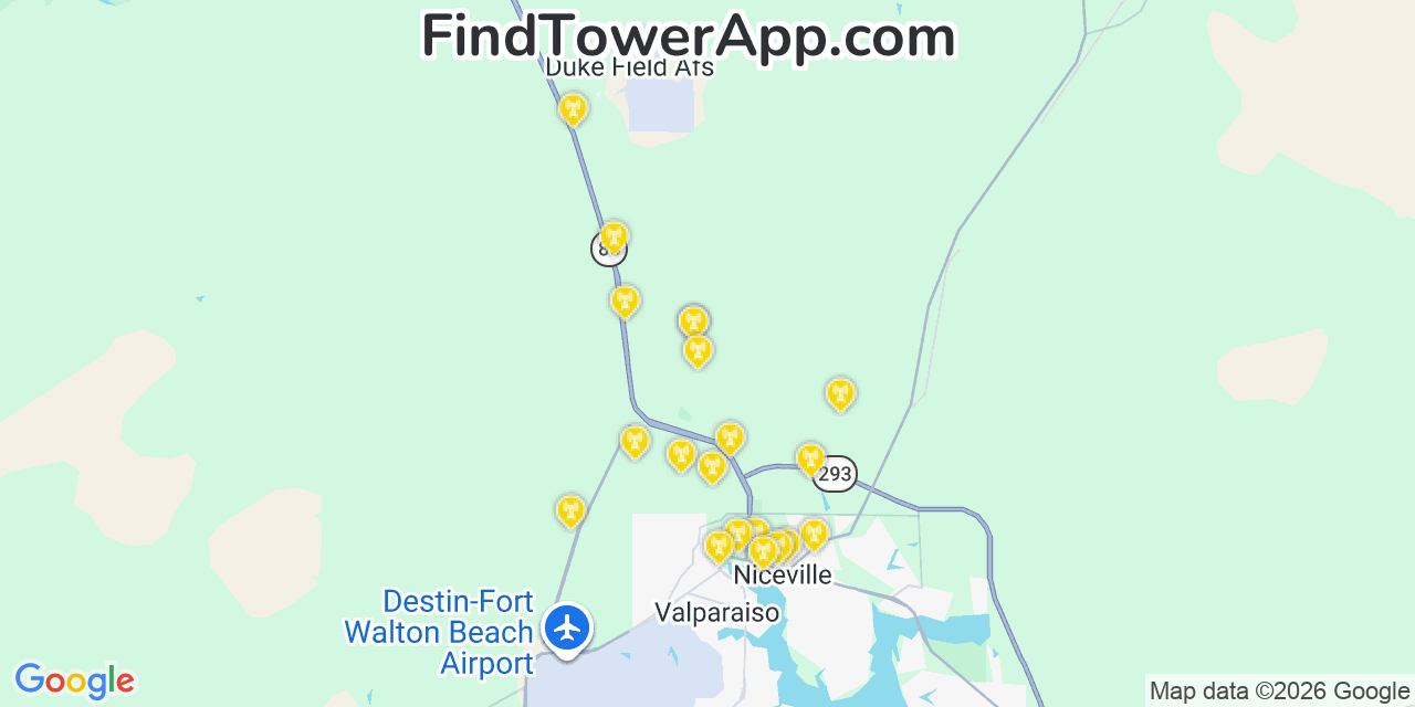 Map showing the 20 primary cell tower locations detected in Eglin Air Force Base, Florida from AT&T, Verizon, and T-Mobile networks