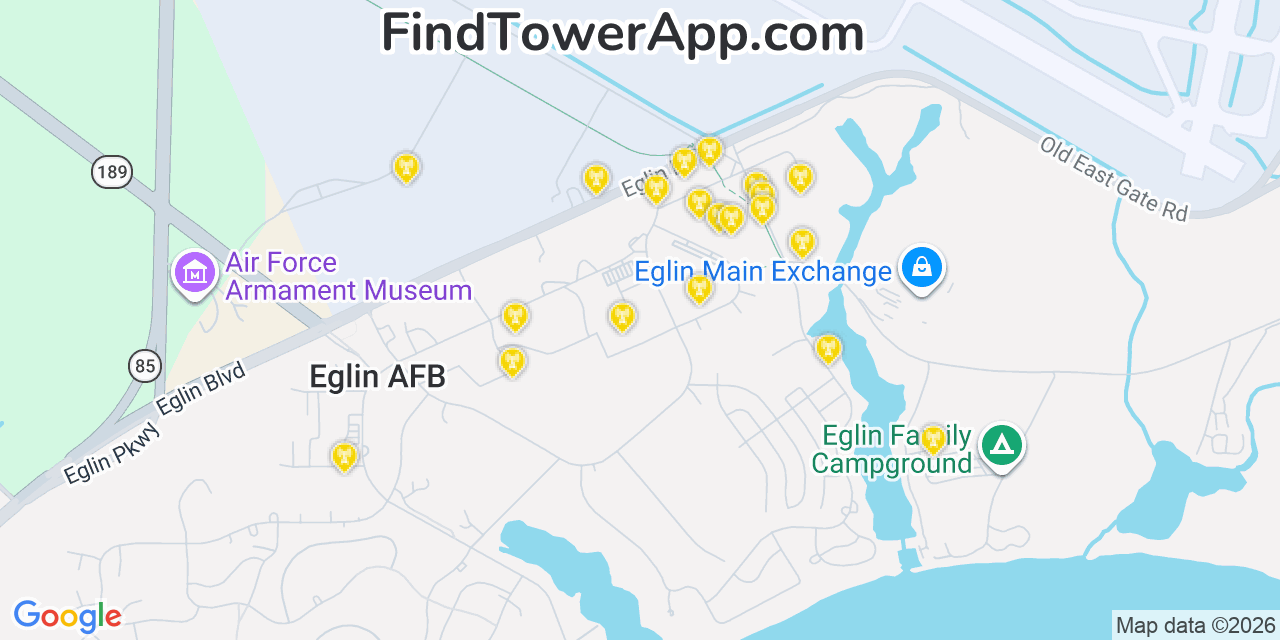 Map showing the 20 primary cell tower locations detected in Eglin Village, Florida from AT&T, Verizon, and T-Mobile networks