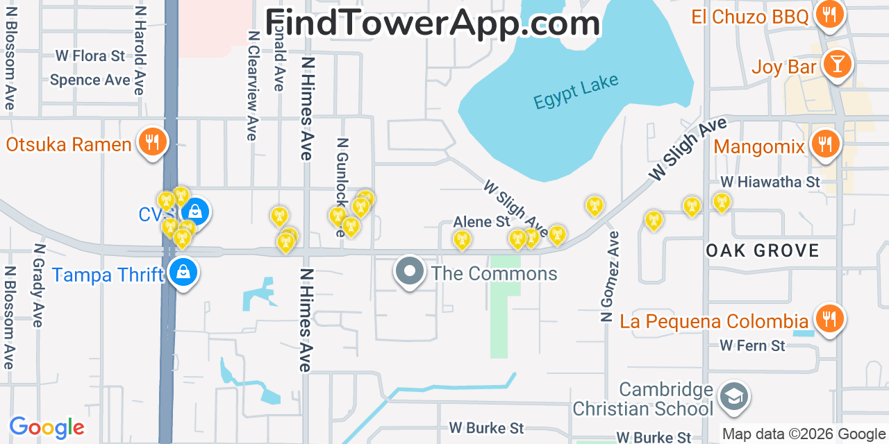 Map showing the 20 primary cell tower locations detected in Egypt Lake Leto, Florida from AT&T, Verizon, and T-Mobile networks