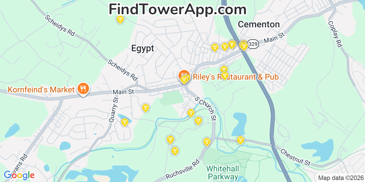 Map showing the 20 primary cell tower locations detected in Egypt, Pennsylvania from AT&T, Verizon, and T-Mobile networks