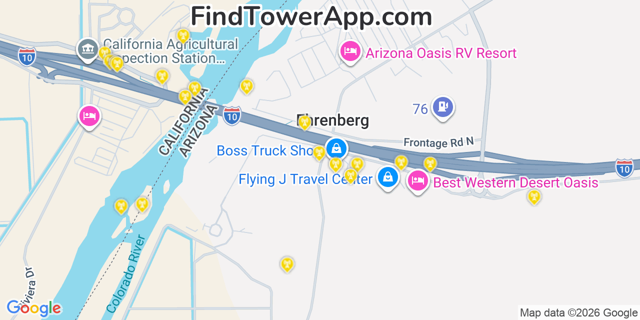 Map showing the 20 primary cell tower locations detected in Ehrenberg, Arizona from AT&T, Verizon, and T-Mobile networks