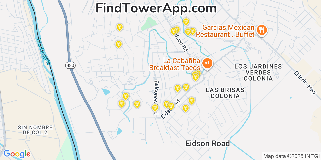 Map showing the 20 primary cell tower locations detected in Eidson Road, Texas from AT&T, Verizon, and T-Mobile networks