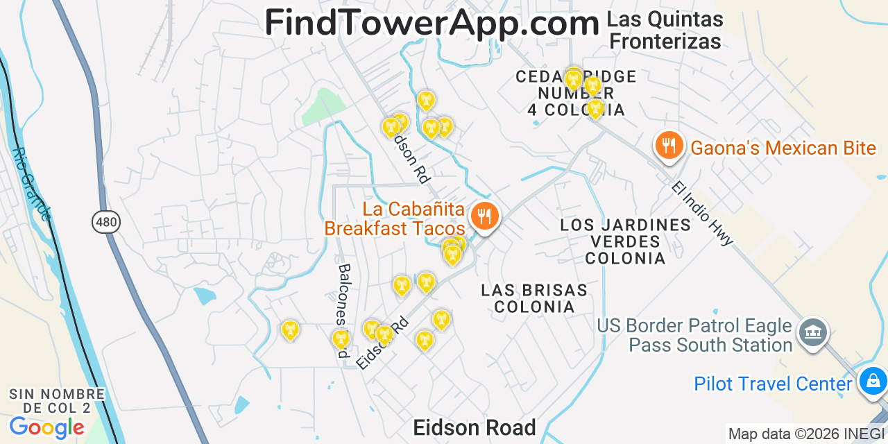 Map showing the 20 primary cell tower locations detected in Eidson Road, Texas from AT&T, Verizon, and T-Mobile networks
