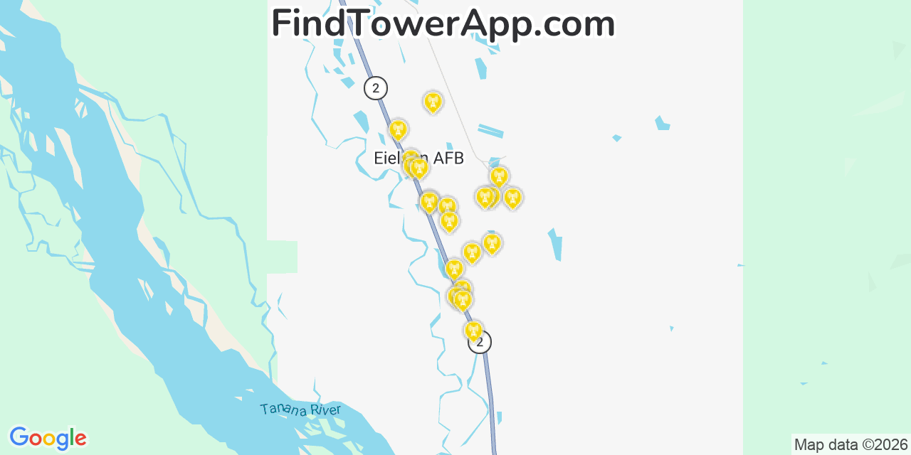 Map showing the 20 primary cell tower locations detected in Eielson Air Force Base, Alaska from AT&T, Verizon, and T-Mobile networks