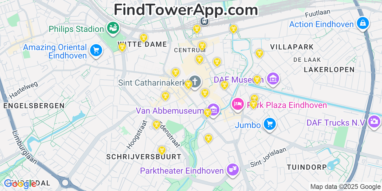 Map showing the 20 primary cell tower locations detected in Eindhoven, Netherlands with coverage areas and signal strength