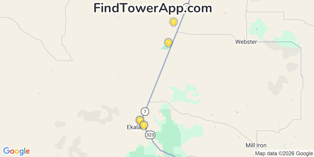 Map showing the 20 primary cell tower locations detected in Ekalaka, Montana from AT&T, Verizon, and T-Mobile networks