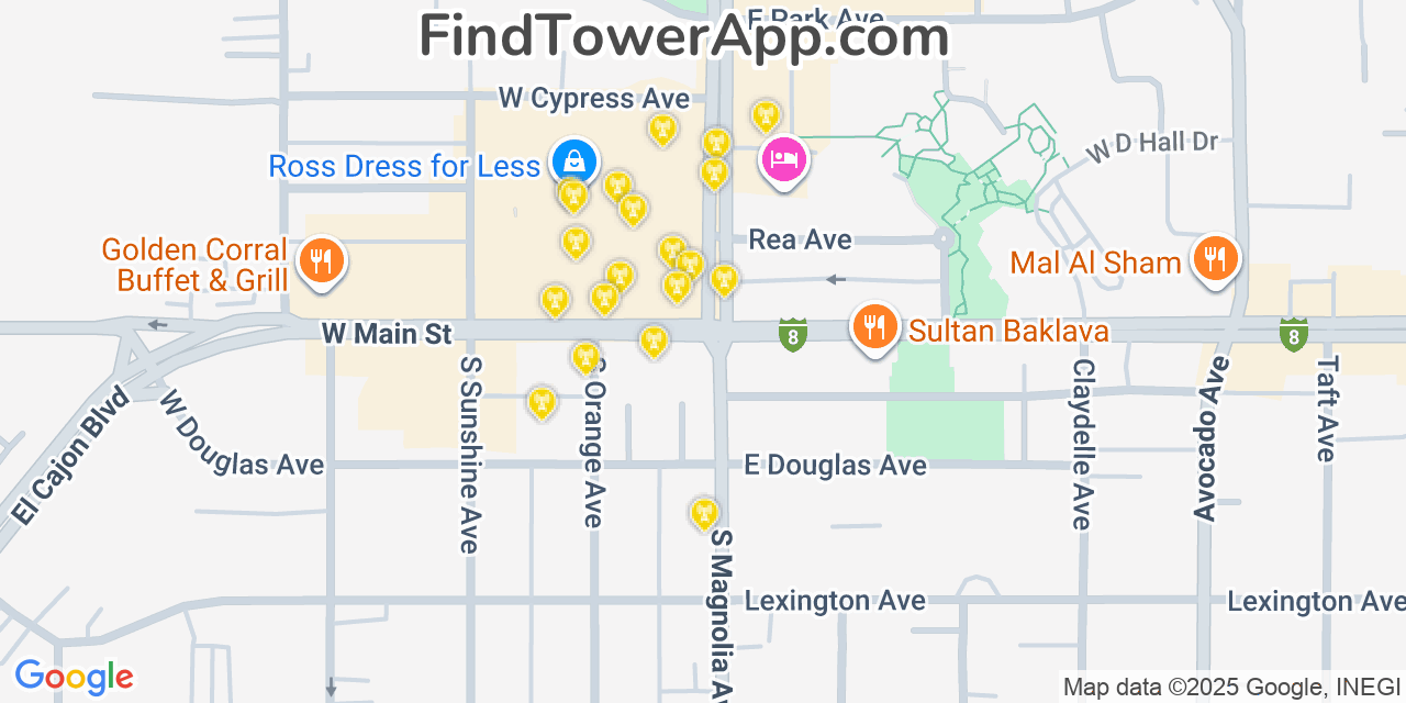 Map showing the 20 primary cell tower locations detected in El Cajon, California from AT&T, Verizon, and T-Mobile networks