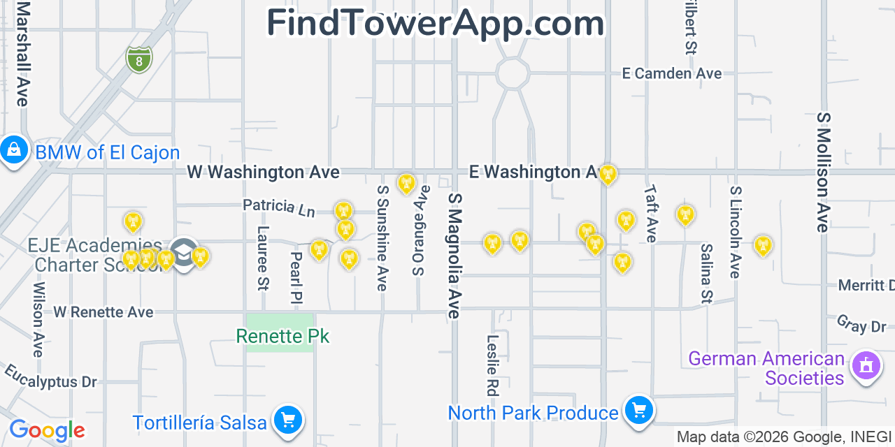 Map showing the 20 primary cell tower locations detected in El Cajon, California from AT&T, Verizon, and T-Mobile networks