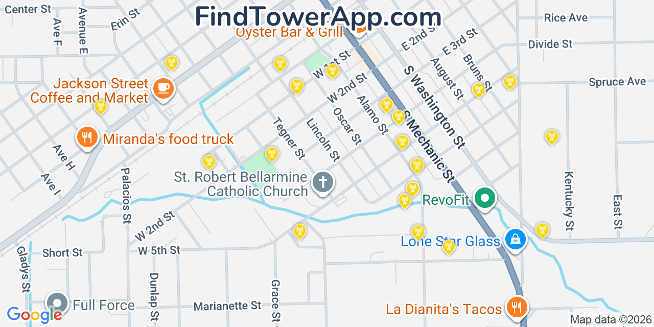Map showing the 20 primary cell tower locations detected in El Campo, Texas from AT&T, Verizon, and T-Mobile networks