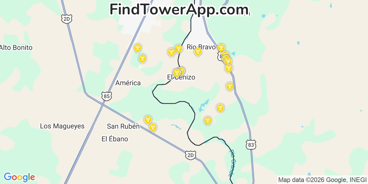 Map showing the 20 primary cell tower locations detected in El Cenizo, Texas from AT&T, Verizon, and T-Mobile networks