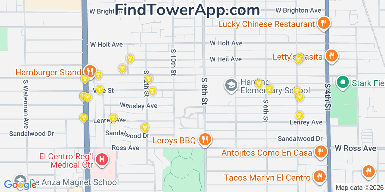 Map showing the 20 primary cell tower locations detected in El Centro, California from AT&T, Verizon, and T-Mobile networks