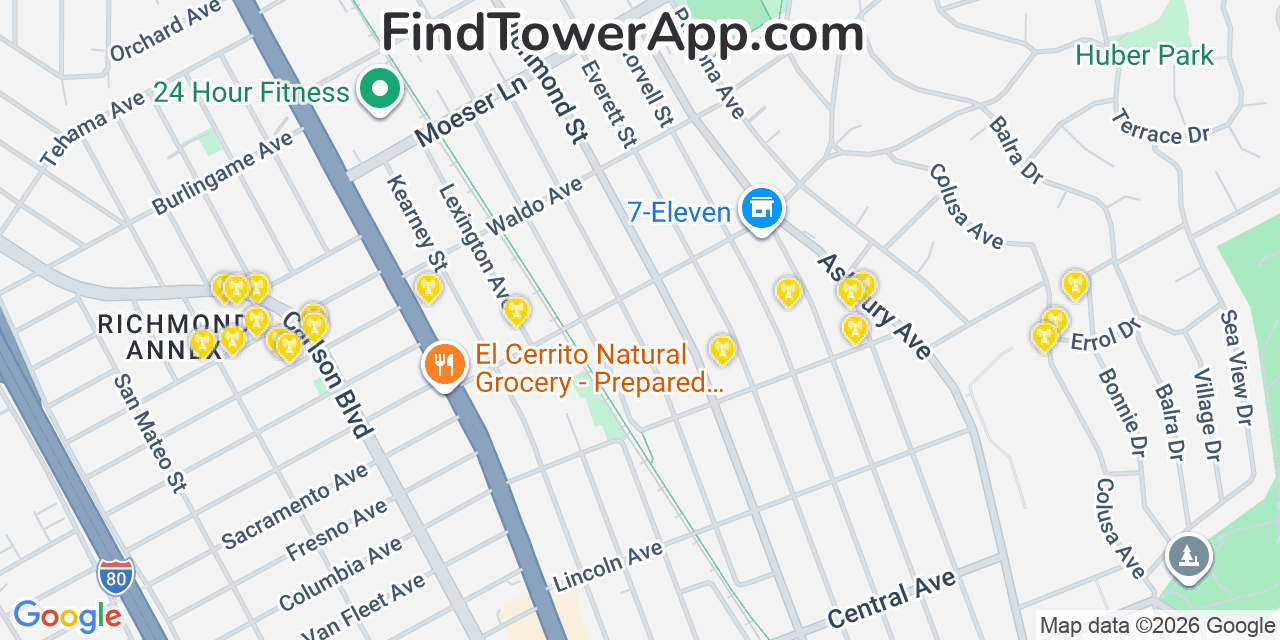 Map showing the 20 primary cell tower locations detected in El Cerrito2, California from AT&T, Verizon, and T-Mobile networks