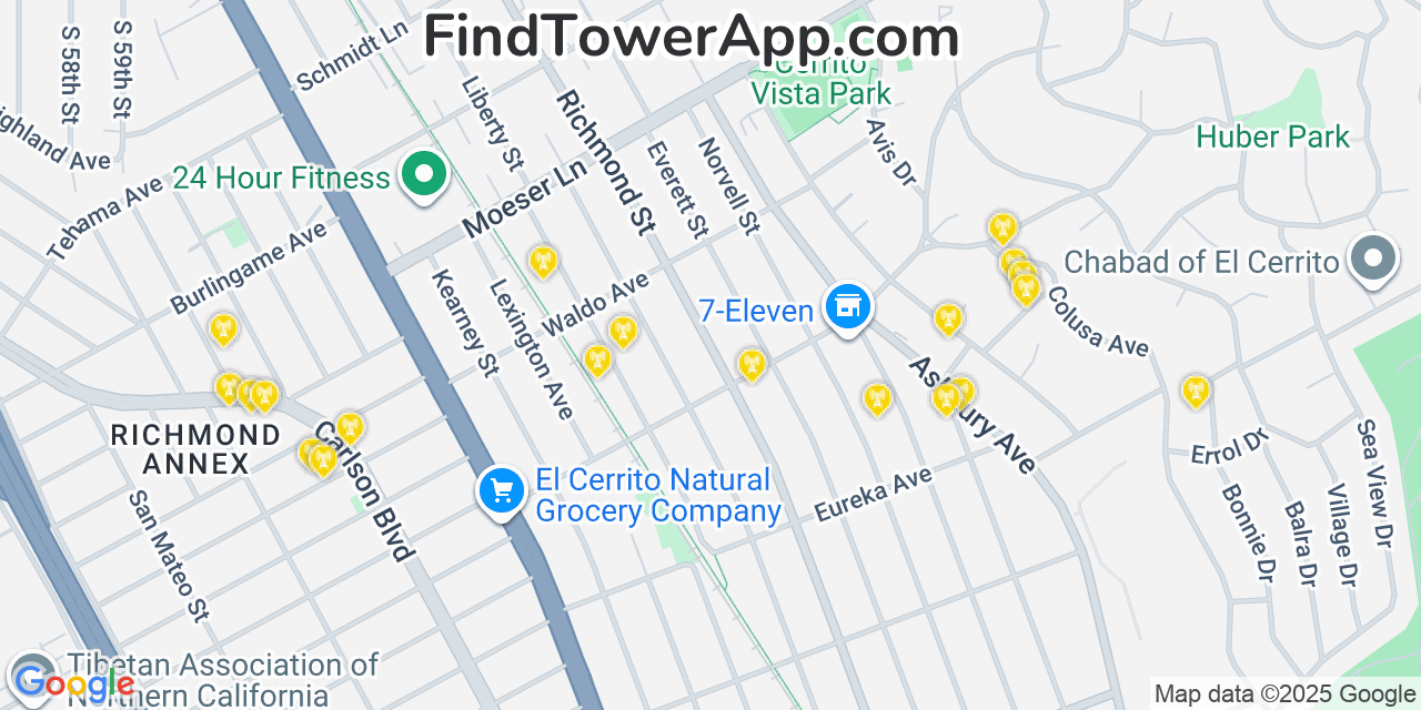 Map showing the 20 primary AT&T cell tower locations detected in El Cerrito3, California with coverage radius and signal strength indicators