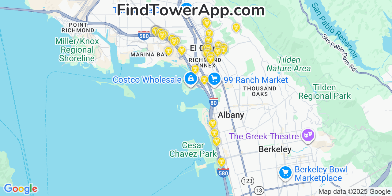 Map showing the 36 primary Verizon cell tower locations detected in El Cerrito3, California with coverage radius and signal strength indicators