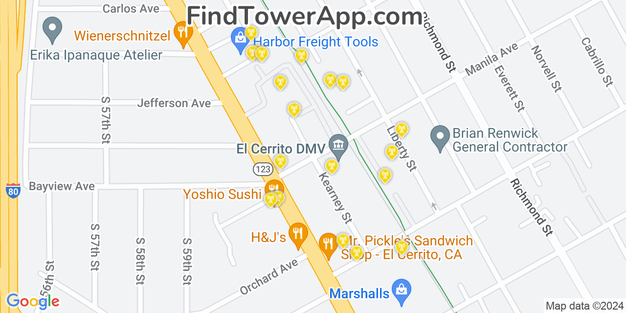 AT&T 4G/5G cell tower coverage map El Cerrito, California