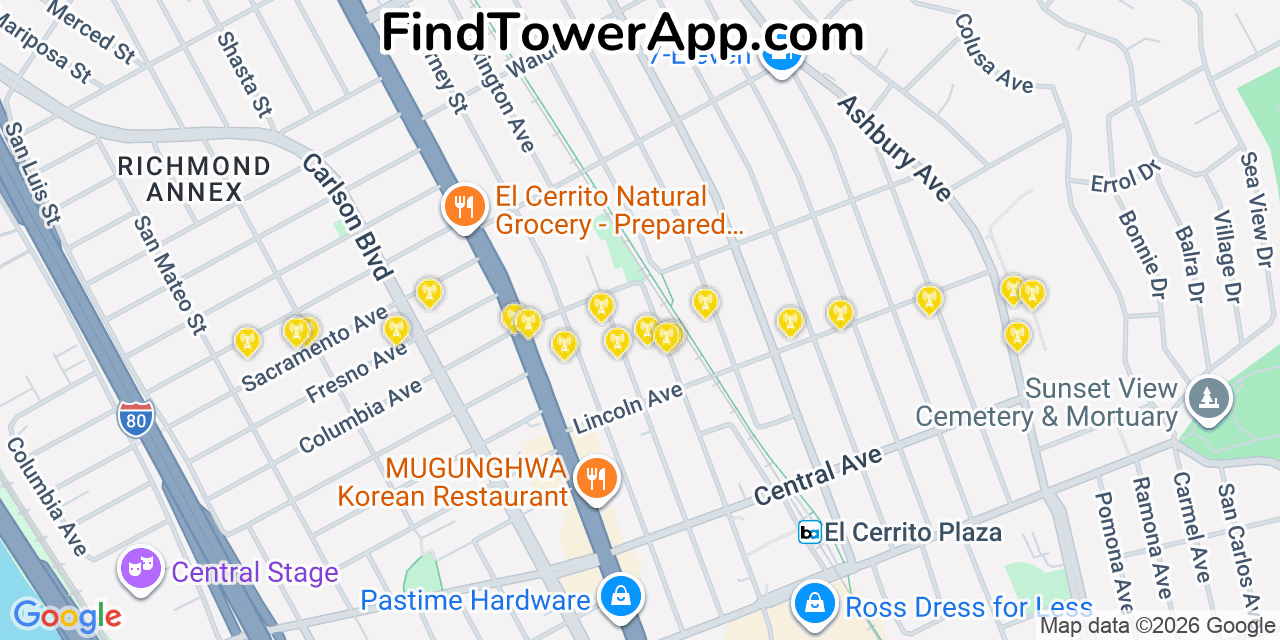 Map showing the 20 primary cell tower locations detected in El Cerrito, California from AT&T, Verizon, and T-Mobile networks
