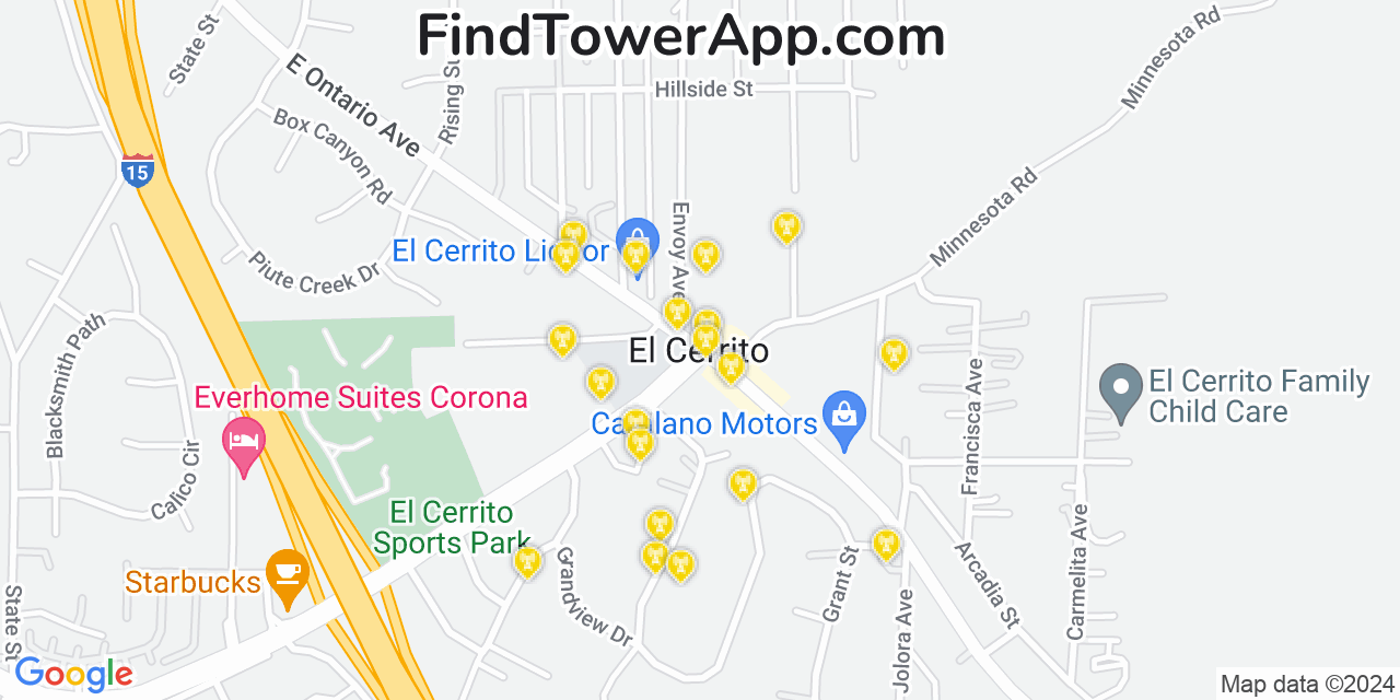 AT&T 4G/5G cell tower coverage map El Cerrito Corona, California